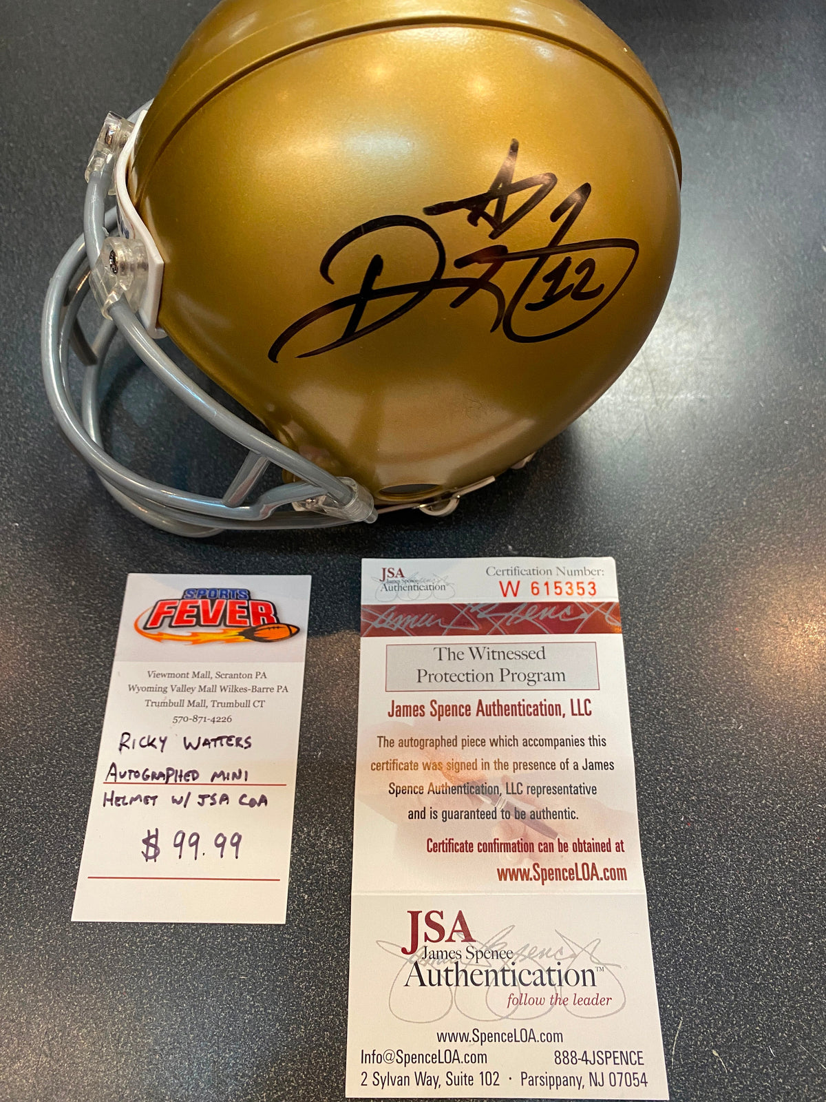 Ricky Watters Notre Dame Autographed Mini Helmet with JSA product image 1